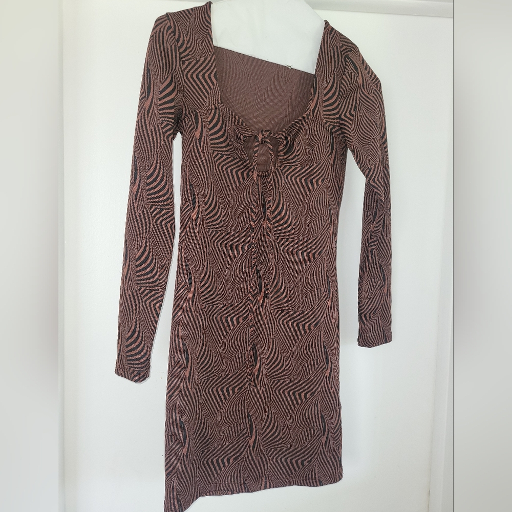 Zara Mini Dress Medium Long Sleeve, Front Tie Black & Brown